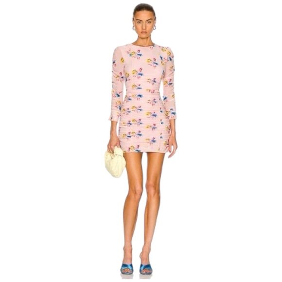 Ganni Floral Ruched Long Sleeve Stretch Mesh Bodycon Mini Dress Pink EU 36‎ US 4 - Picture 1 of 16